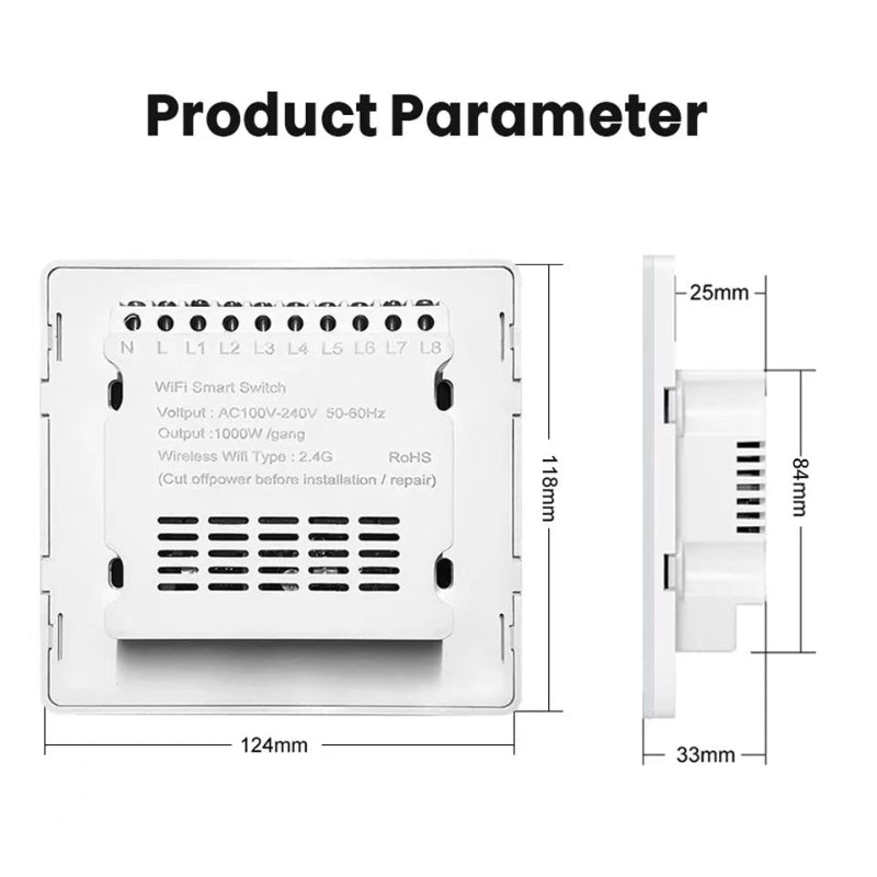 WiFi smart switch with dimensions on a white background