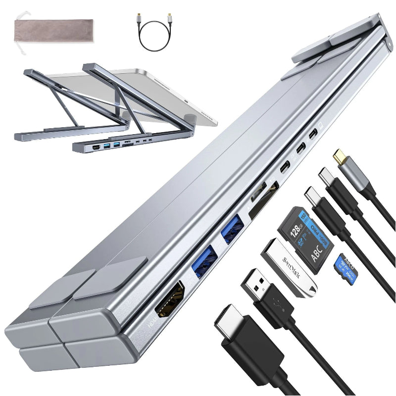 Laptop stand, USB hub, and cables on a white background