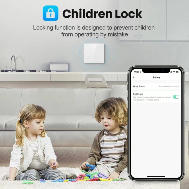Two children playing on a floor with a smartphone displaying 'Children Lock' app.