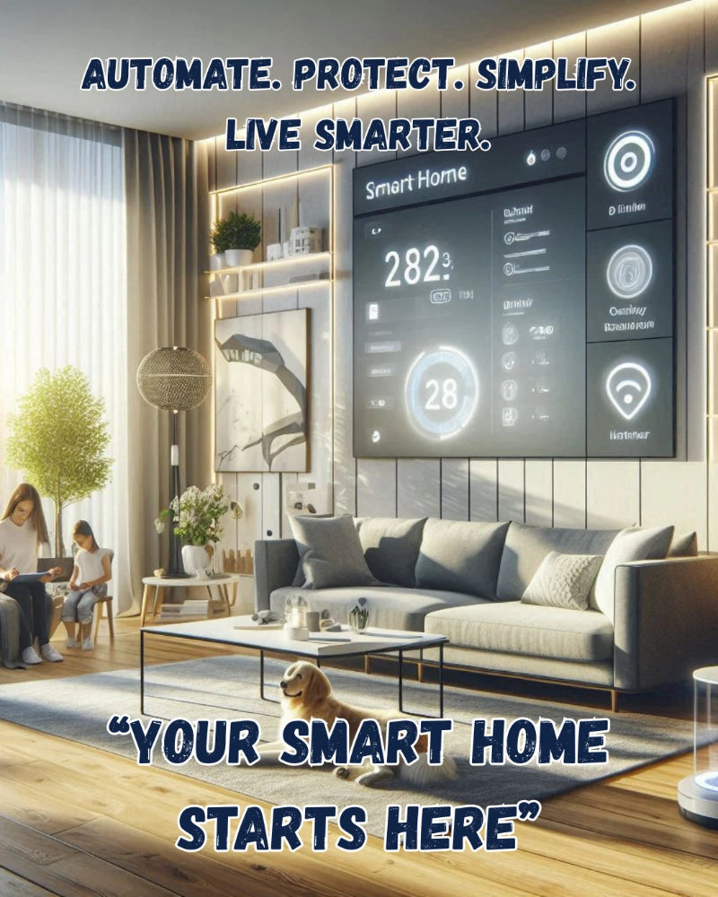 Modern living room with a smart home control panel displaying various icons and text.