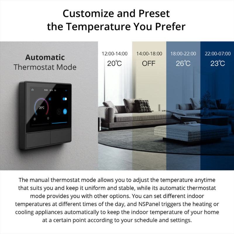 Thermostat with temperature display in a living room setting, showing customizable temperature modes.