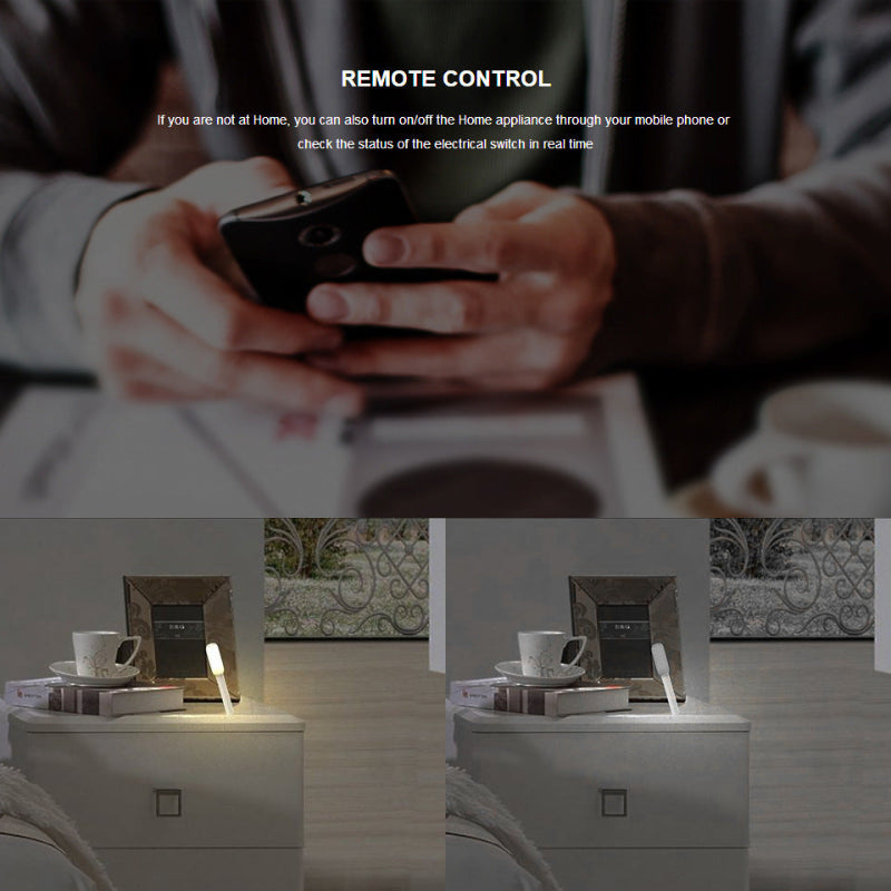 Person using a smartphone with text about remote control home appliance management, followed by a nightstand scene.