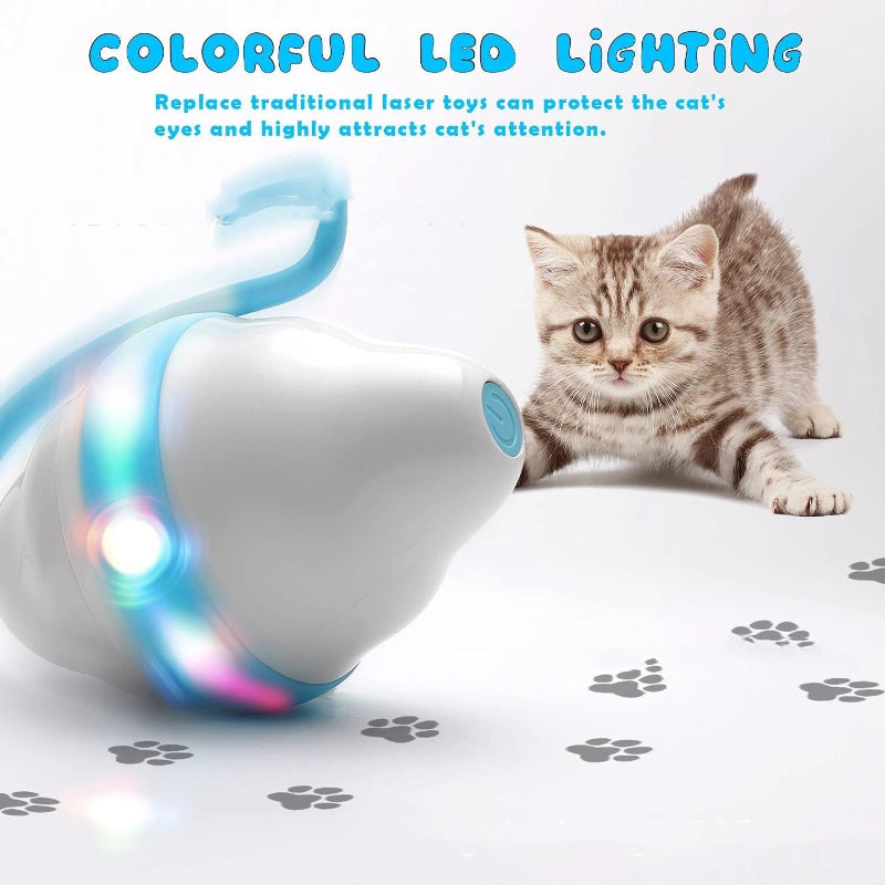 Cat toy with colorful LED lighting next to a cat on a white background
