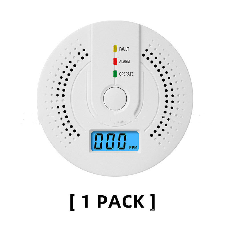 White carbon monoxide detector with digital display on a white background