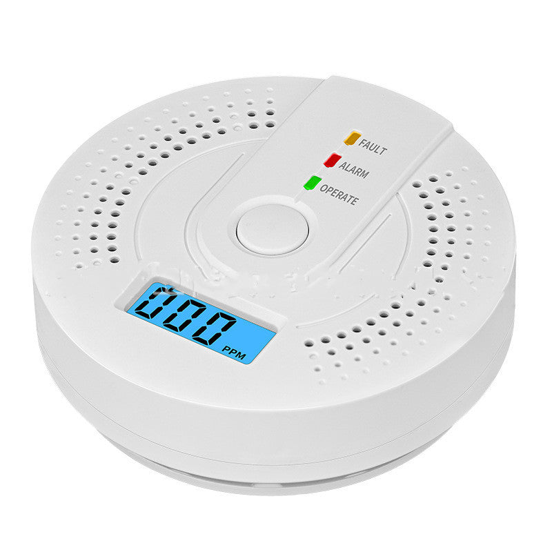 White smoke detector with digital display on a white background