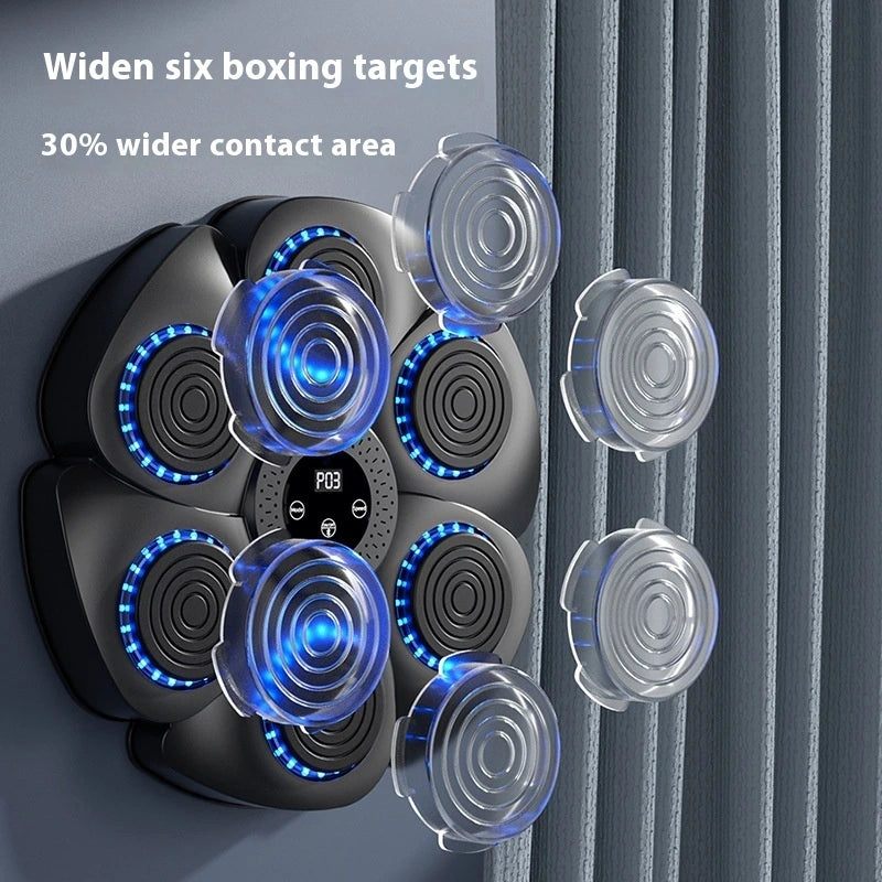 Boxing training device with six targets and blue lights on a gray background