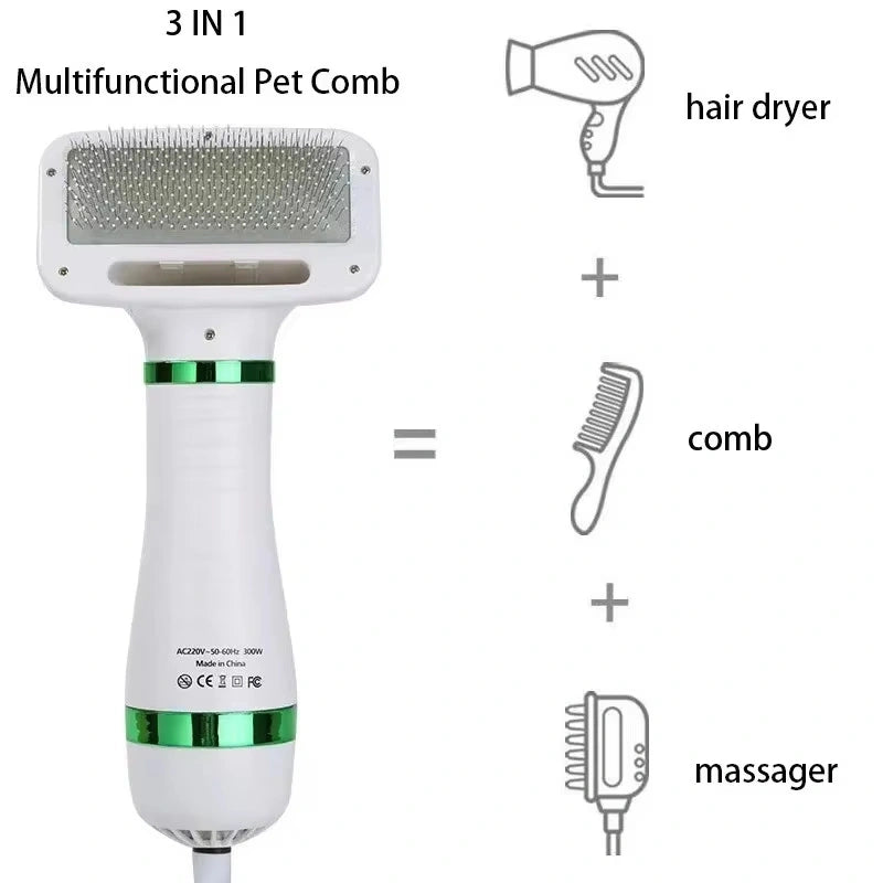Multifunctional pet comb with hair dryer, comb, and massager functions on a white background.