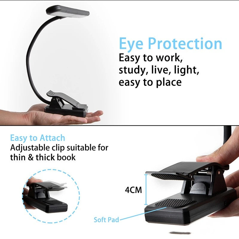 Adjustable reading light with clip attachment on a white background