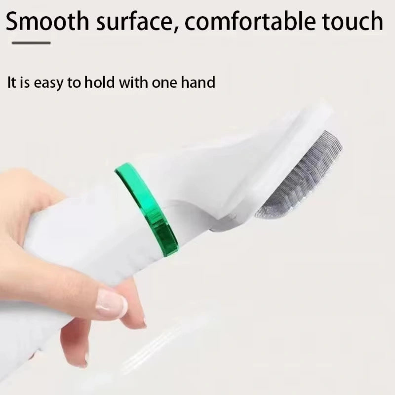 Hand holding a white and green hair dryer with text about smooth surface and comfortable touch.