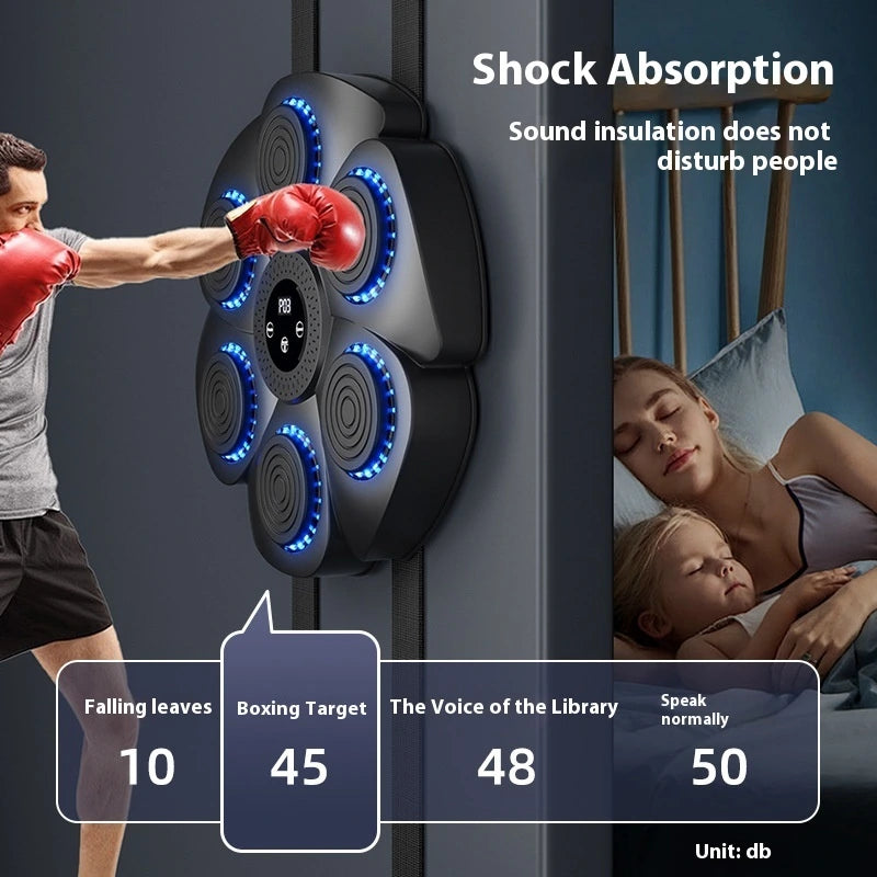 Soundproofing panel with shock absorption feature, boxing target test results, and a family sleeping peacefully.