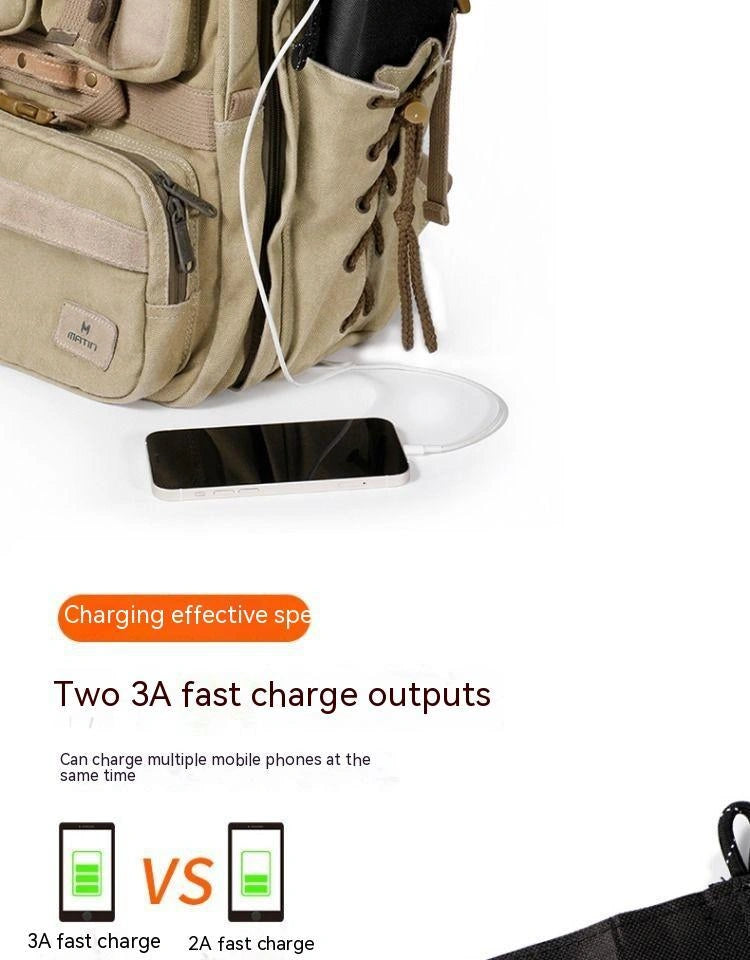 Beige backpack with a smartphone and earphones on a white background, featuring text about charging capabilities.