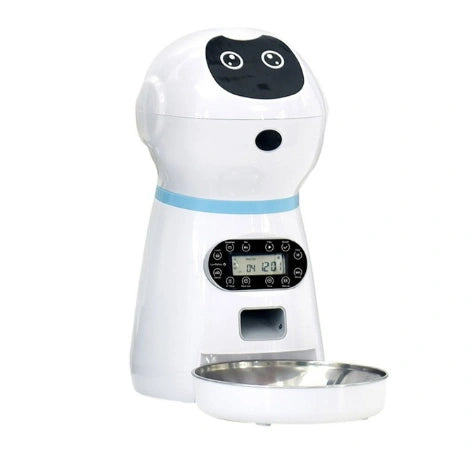 White pet feeder with dog face design and digital display on a white background