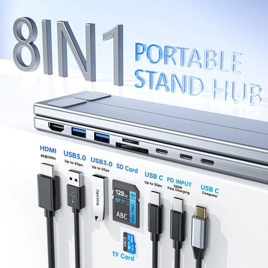 8-in-1 portable stand hub with multiple ports and cables on a light blue background