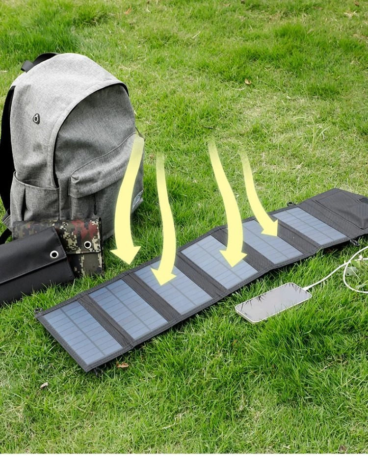 Foldable solar panel on grass with backpack in the background