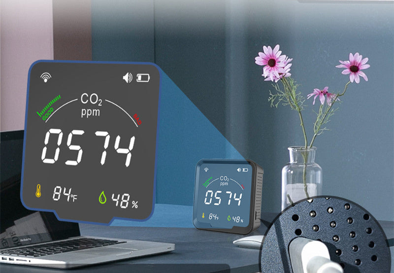 CO2 monitor displaying readings on a desk with flowers in the background