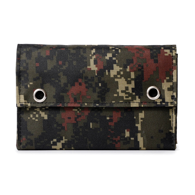 Camouflage-patterned pouch with metal grommets on a white background