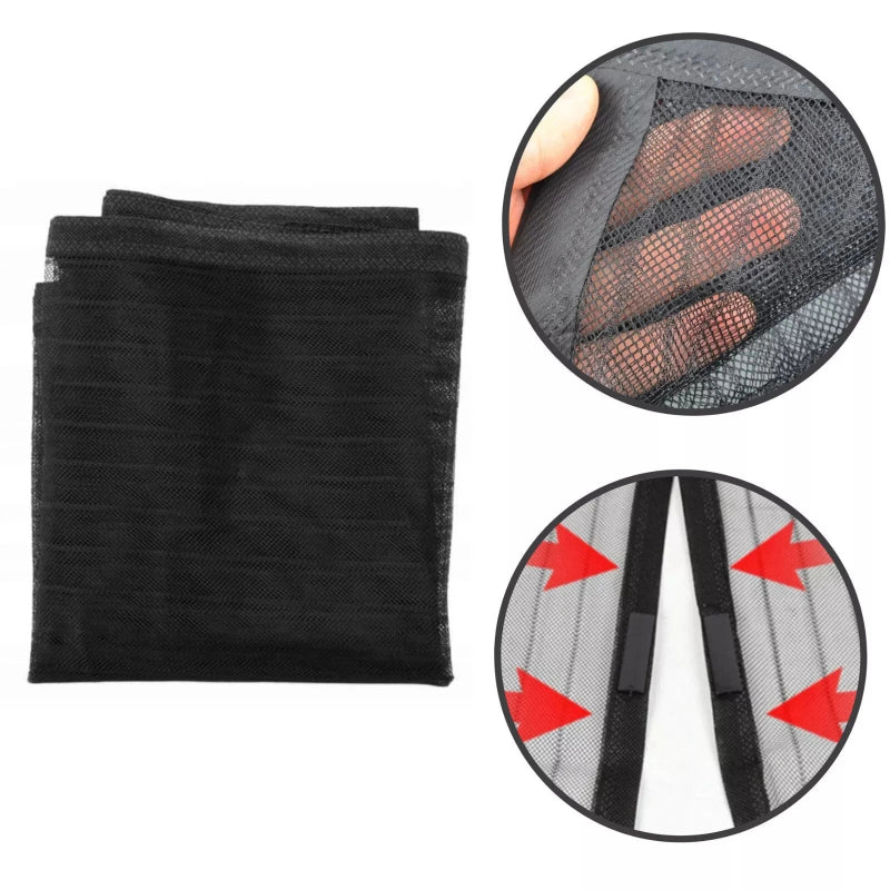 Black mesh fabric with close-up details on a white background