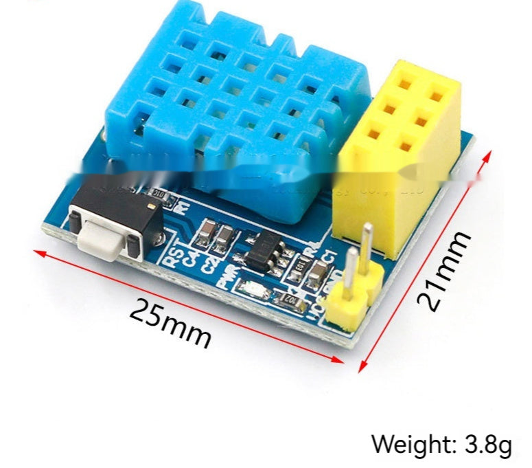 Electronic temperature sensor module with blue casing and yellow connectors, showing dimensions and weight.