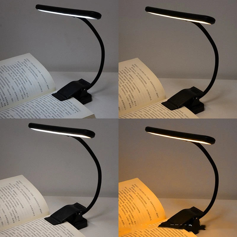 Black LED reading lamp with flexible arm on an open book in four different lighting conditions.