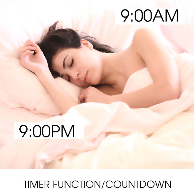 Woman sleeping with text indicating 9:00 AM and 9:00 PM, and 'Timer Function/Countdown' at the bottom.