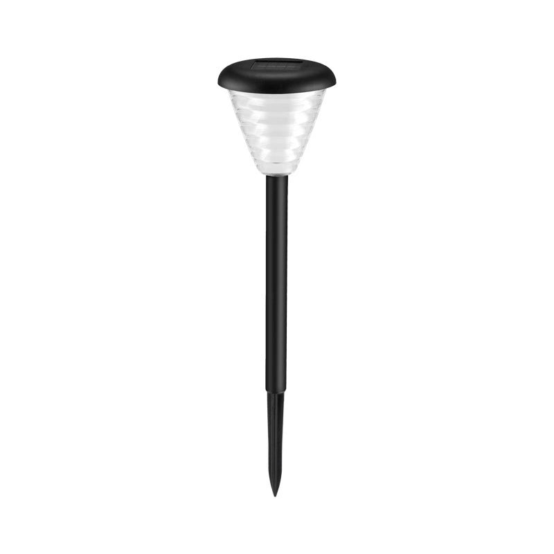 Solar-powered garden light with black base and clear cover on a white background