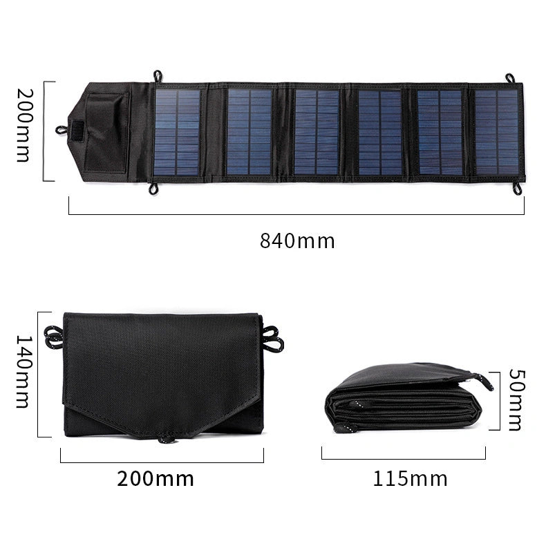 Foldable solar panel with dimensions indicated on a white background