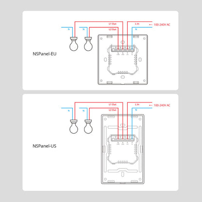 Wiring diagrams for NSPanel-EU and NSPanel-US on a gray background
