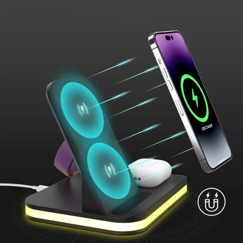 Wireless charging stand with smartphone and smartwatch on a dark background