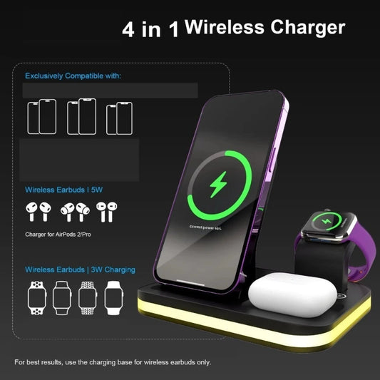 4-in-1 wireless charger with smartphone, earbuds, and smartwatch on a black background