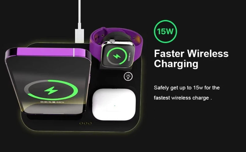 Wireless charging pad with smartwatch and phone on a black background, highlighting 15W wireless charging.