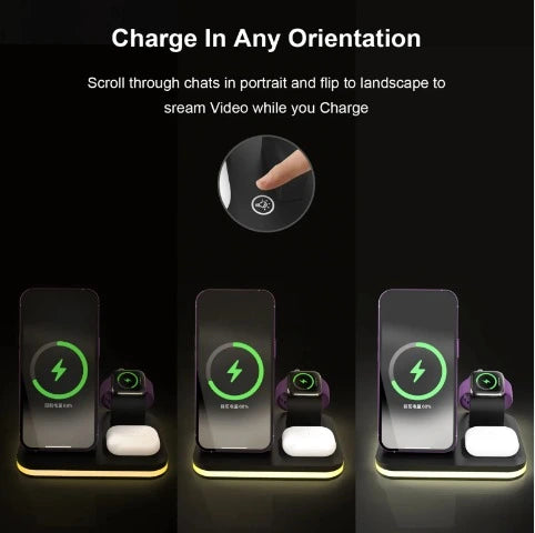 Multi-device charging stand with smartphone, watch, and smartwatch on a black background.