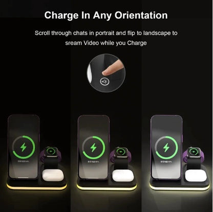 Multi-device charging stand with smartphone, watch, and smartwatch on a black background.