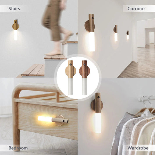 Collage of wall lights in various settings including stairs, corridor, bedroom, and wardrobe.