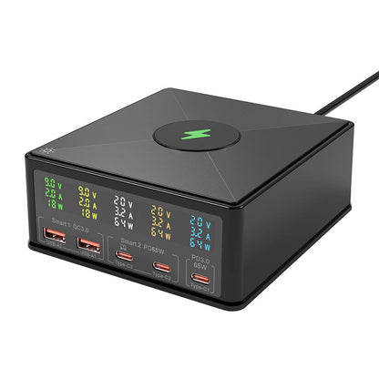 Black electronic device with digital display on a white background