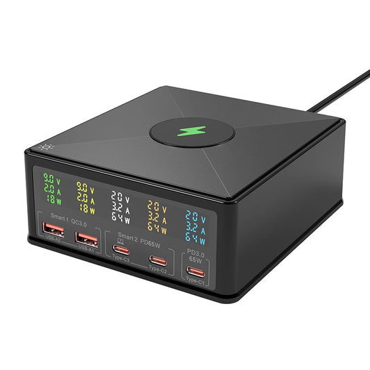 Black electronic device with digital display on a white background