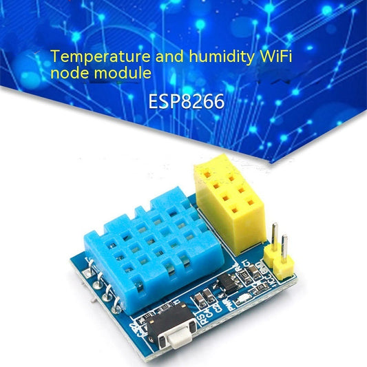 Temperature and humidity WiFi node module ESP8266 with blue and yellow components on a white background