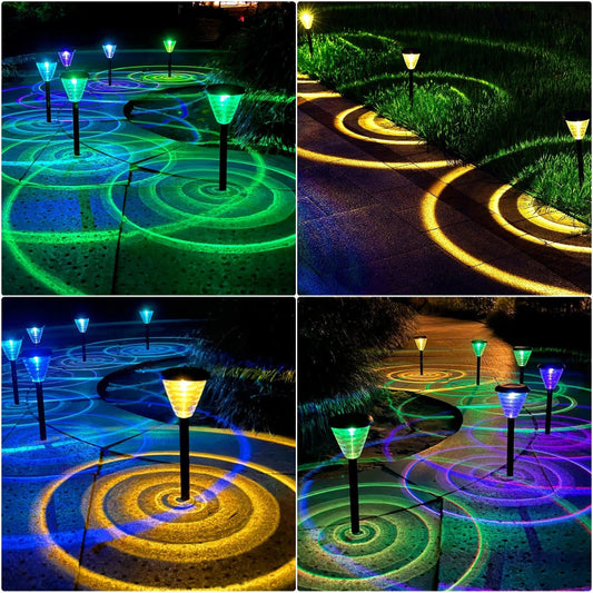 Collage of solar-powered garden lights in various colors on a pathway and water surface.