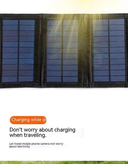 Solar panel with text 'Don't worry about charging when traveling' on a white background