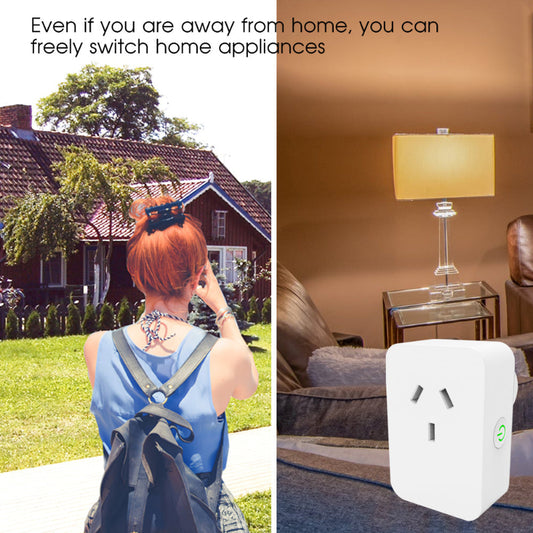 Person with red hair standing outside a house, with a split screen showing a lamp and a control device.