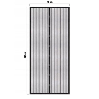 Black and white striped screen door with dimensions on a white background