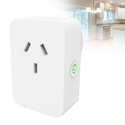 White smart plug with green indicator light in a kitchen setting