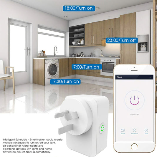 Smart plug with smartphone app in a kitchen setting, showing time schedules.