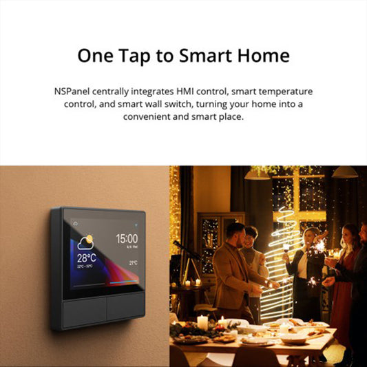 Smart home control panel with people celebrating in the background