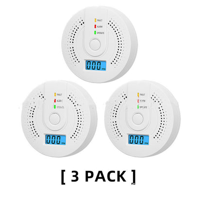 Three white smoke detectors with digital display on a white background, labeled '3 Pack'.