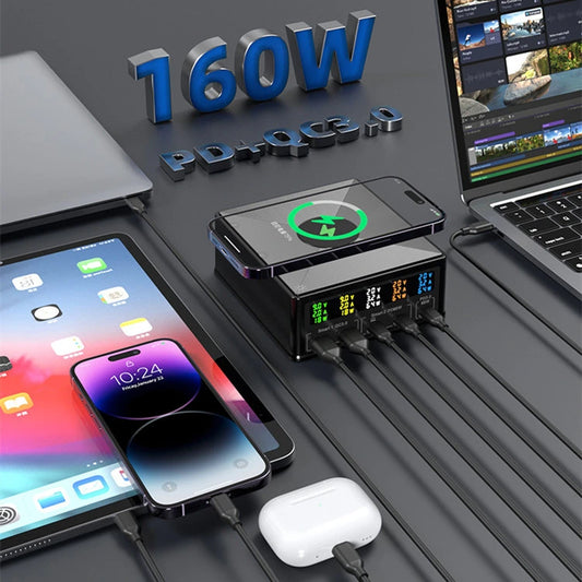 Multiple electronic devices being charged by a power adapter with '160W' text on a gray surface.