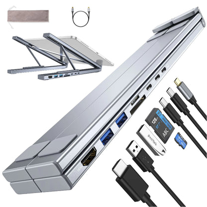 Laptop stand, USB hub, and cables on a white background