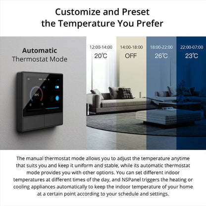 Thermostat with temperature display in a living room setting, showing customizable temperature modes.