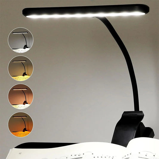 Black LED desk lamp with adjustable arm on a white surface, showing different light settings.