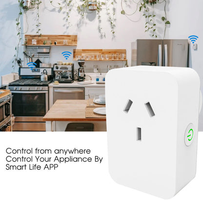 Smart plug with Wi-Fi symbols in a kitchen setting, promoting remote appliance control via Smart Life APP.