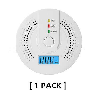 White carbon monoxide detector with digital display on a white background